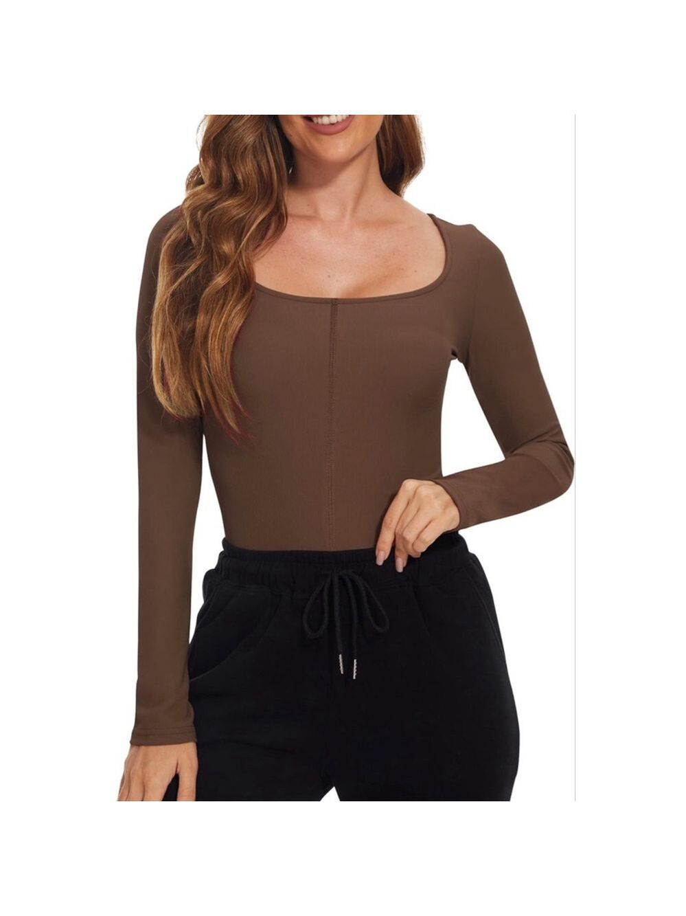 Women's Brown Ribbed Long Sleeve Athletic Top